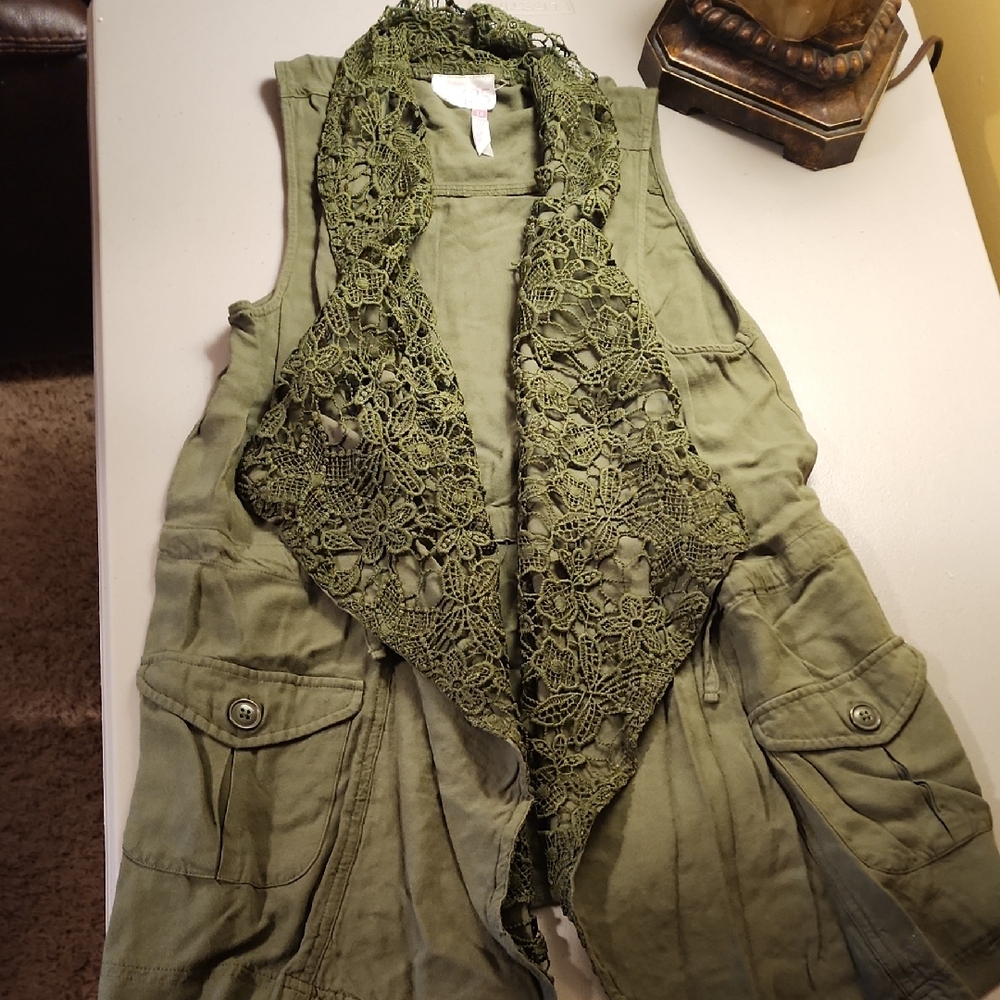 Olive Green Vest with Lace Detail